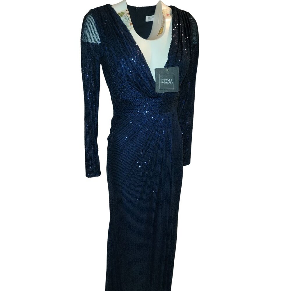 NWT IEENA for Mac Duggal Womens Size 2 Navy Blue Sequin Long Sleeve Mesh Gown